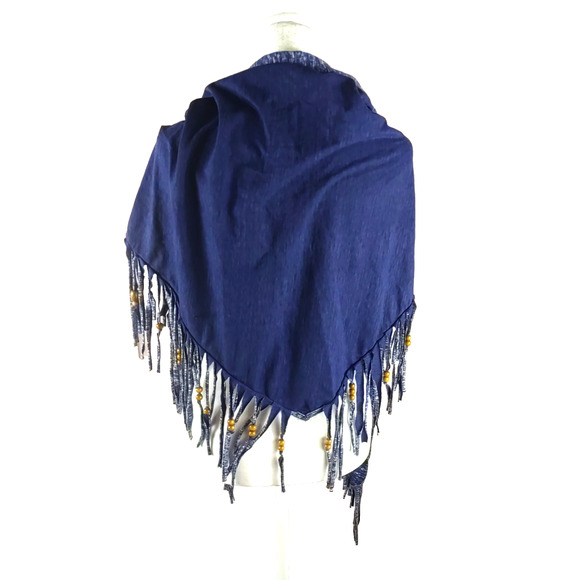 Triangle Scarf Beaded Fringe Blue Gray Cotton Material 64" X 26 Shawl Type - Picture 4 of 7